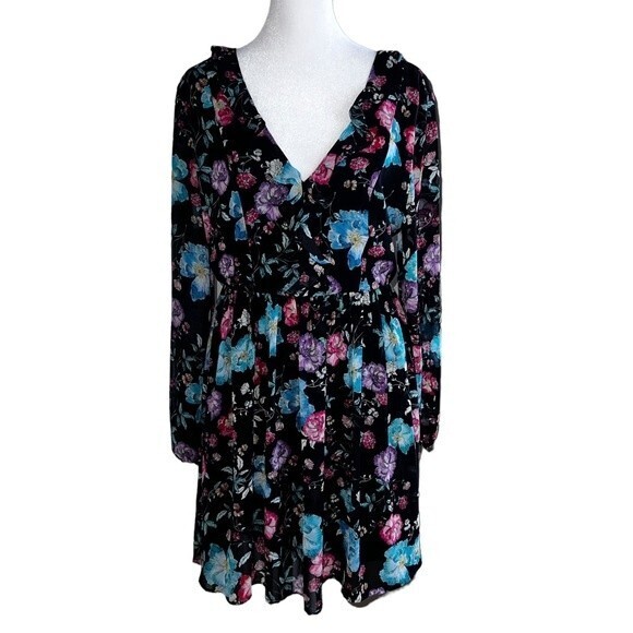 Express Dark Floral Babydoll Mini‎ Dress Ruffled Flowy Lightweight Size 6 - Picture 3 of 15